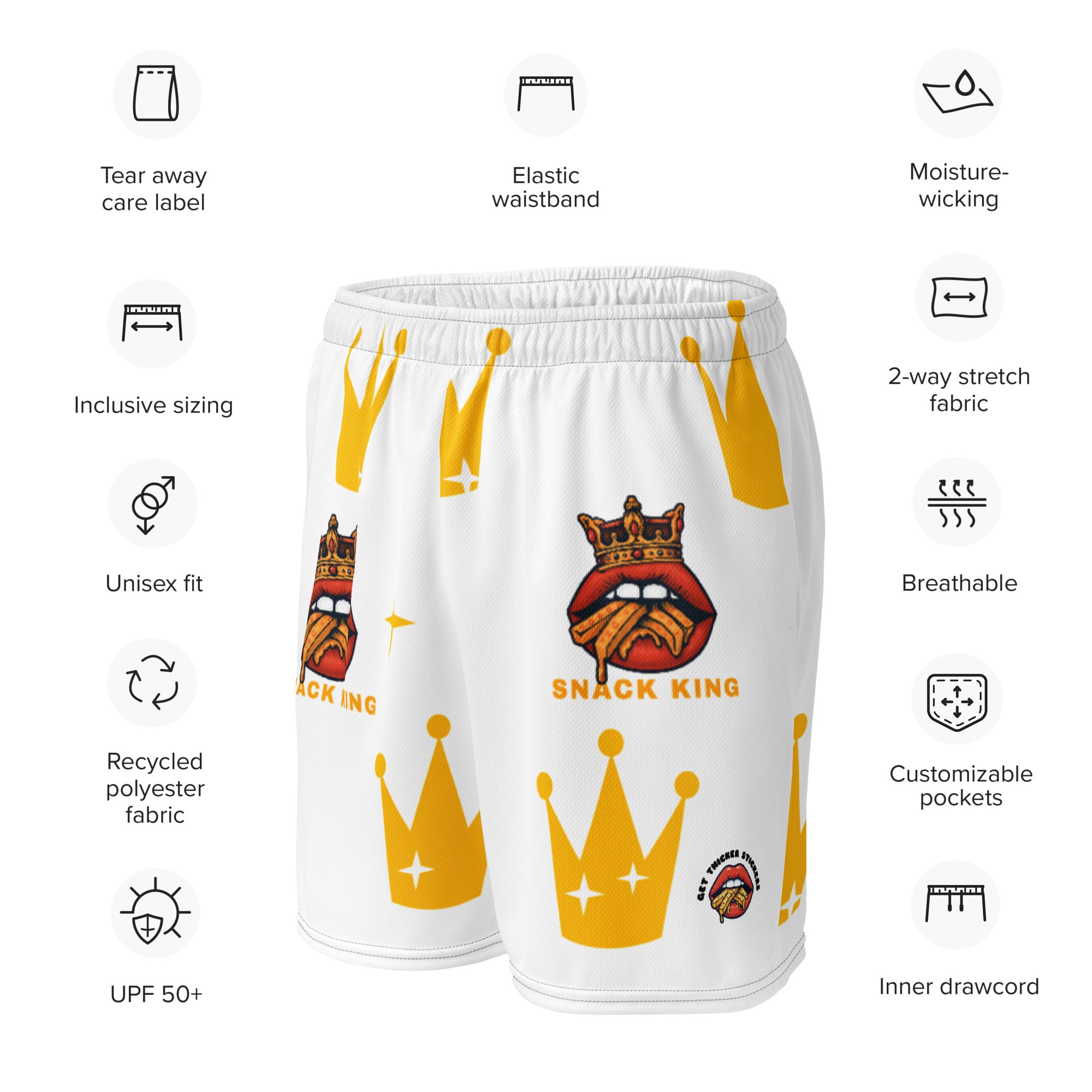 Snack King Unisex Mesh Shorts| White | Up to Size 6XL
