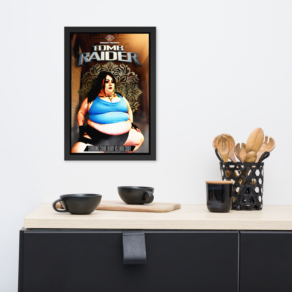 Claire Berry x Get Thicker Stickers Cosplay Collab | Lara Croft - Tomb Raider | Bold Pinup Framed Matte Poster, 12x18"